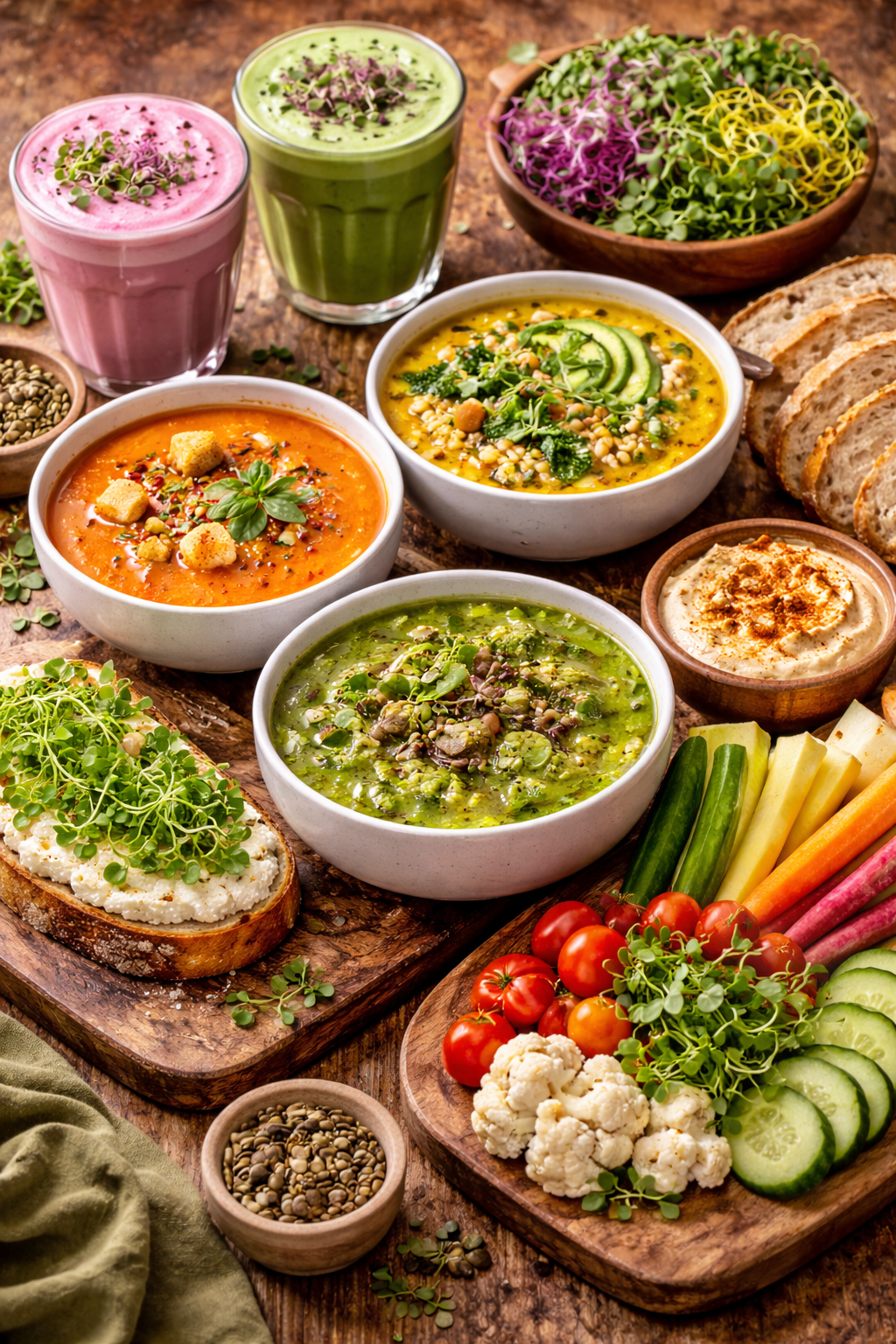 Colorful variety of microgreens, smoothies, soups, fresh vegetables, bread, and dip on rustic table