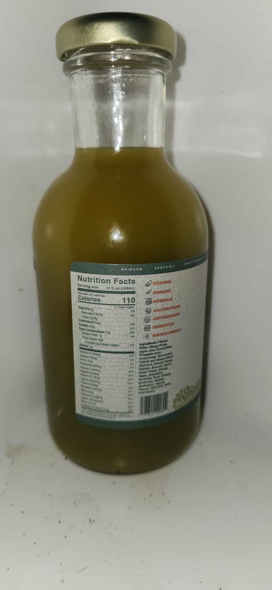 Robby Ds Sweet Mango Splash organic microgreen broccoli drink bottle with green label and natural fruit flavoring