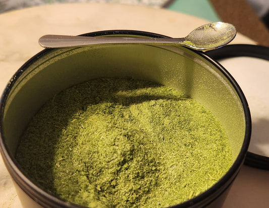 Robby Ds Lil Greens organic freeze dried pea microgreen powder in 20g container, pure green supplement without additives