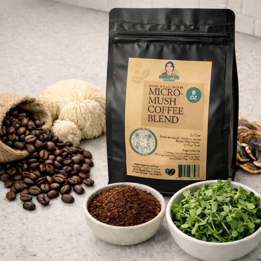 Robby Ds Lil Greens Micro-Mush organic mushroom coffee blend bag with lion's mane for sustained energy and focus