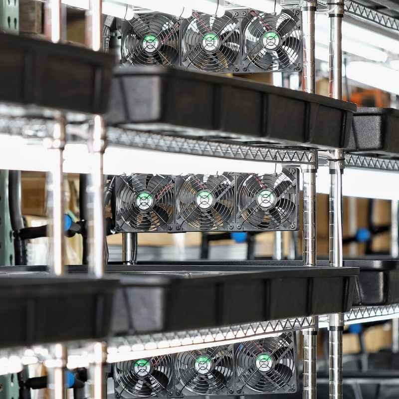 Microgreens grow rack with trays and ventilation fans in an indoor vertical farming setup