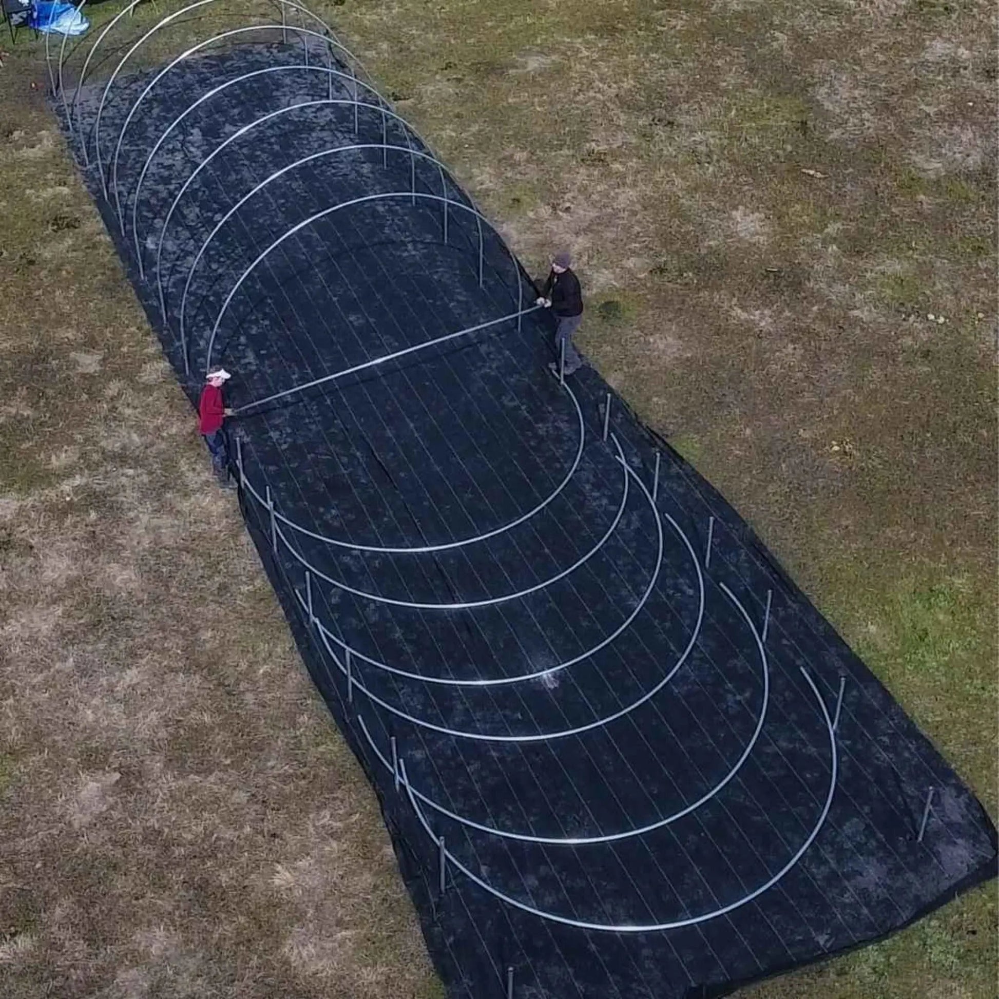 Two people assembling pre-bent metal hoops for a hoop house on a grass field with black ground cover.