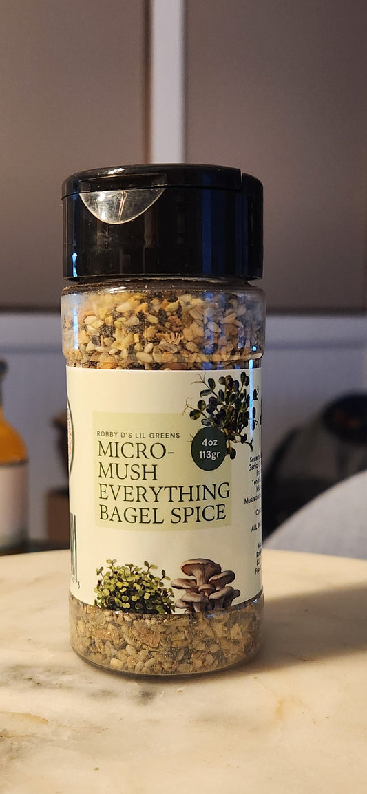 Organic microgreen and mushroom bagel spice blend jar by Robby Ds Lil Greens with colorful seasoning mix