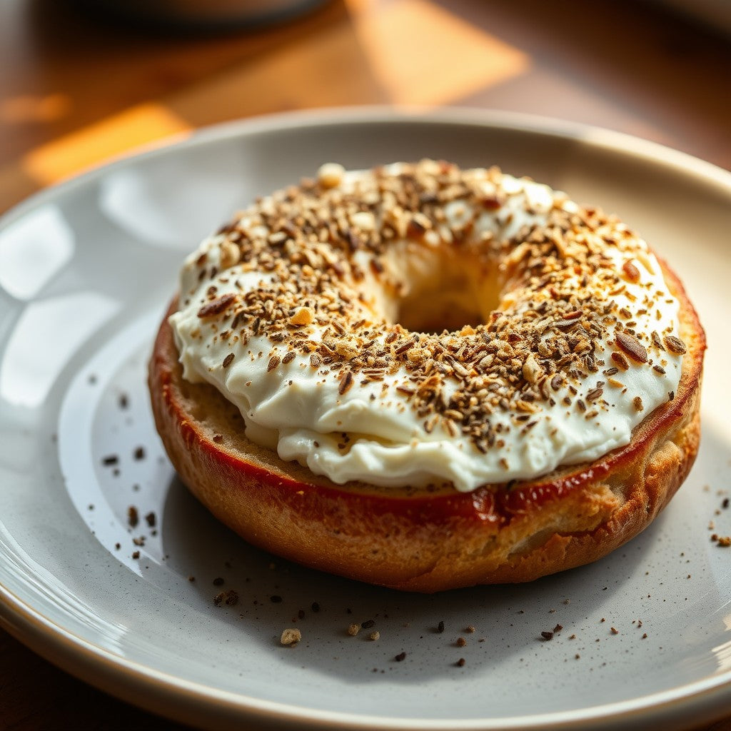 A toasted bagel with cream cheese and Micro-Mush everything bagel seasoning