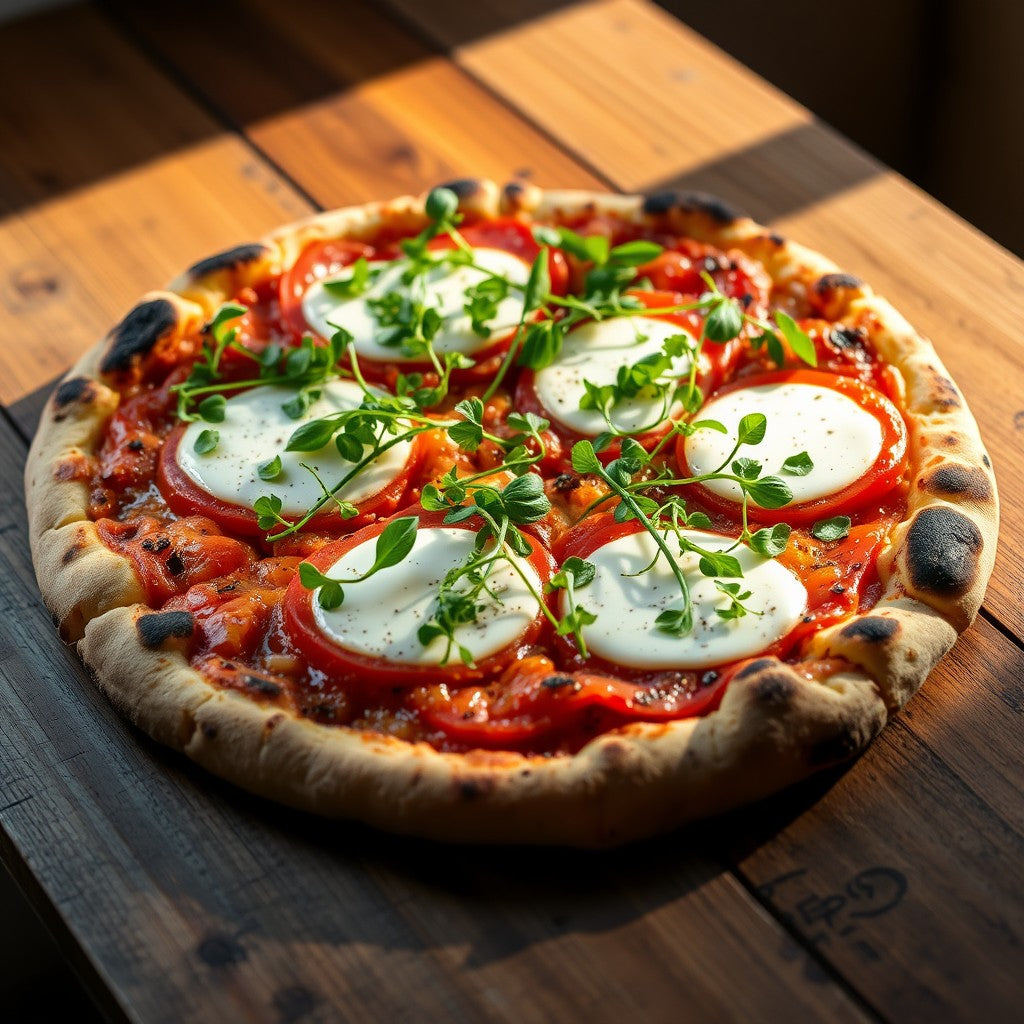 Fresh Genovese basil microgreens on a margherita pizza