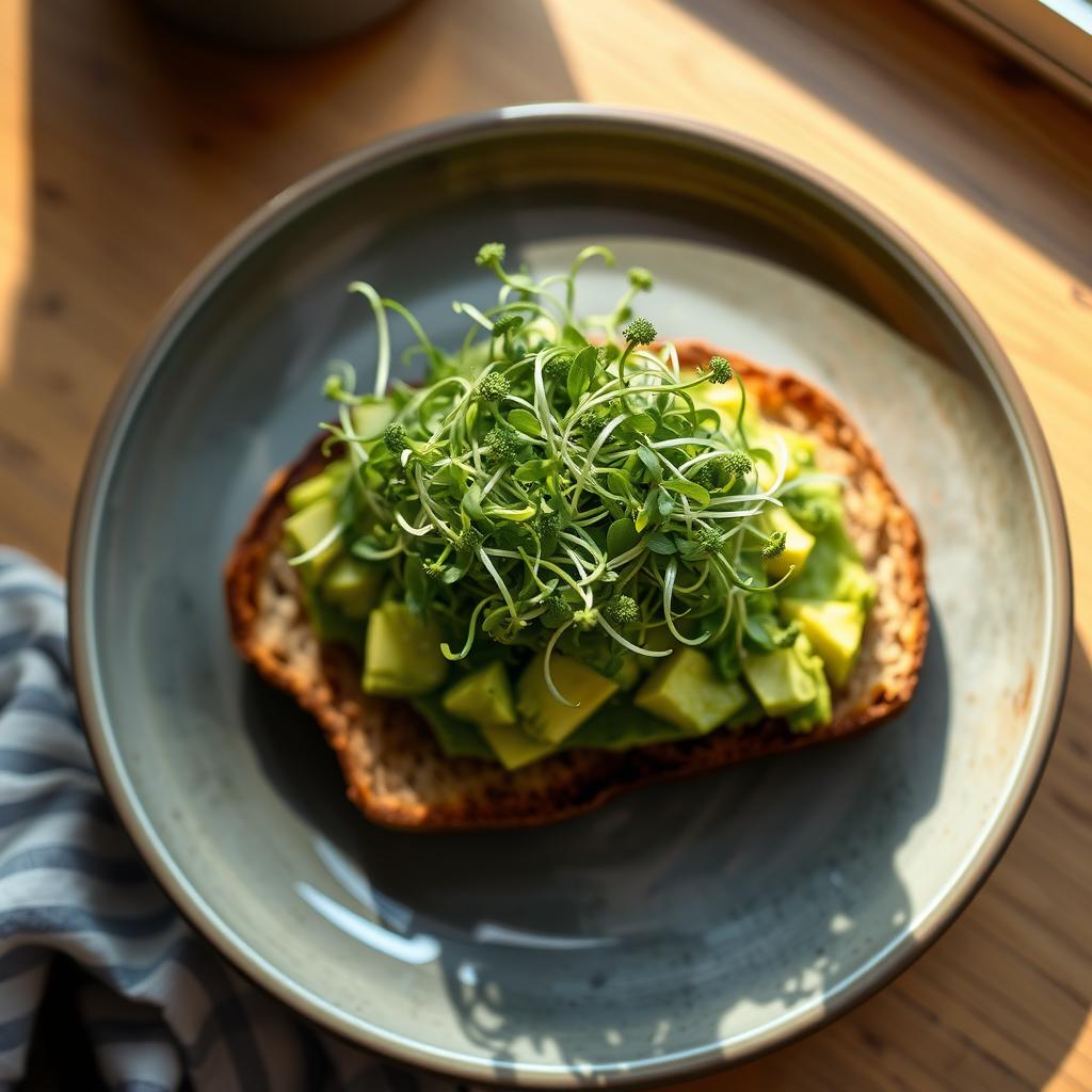 Fresh broccoli microgreens on avocado toast, healthy breakfast