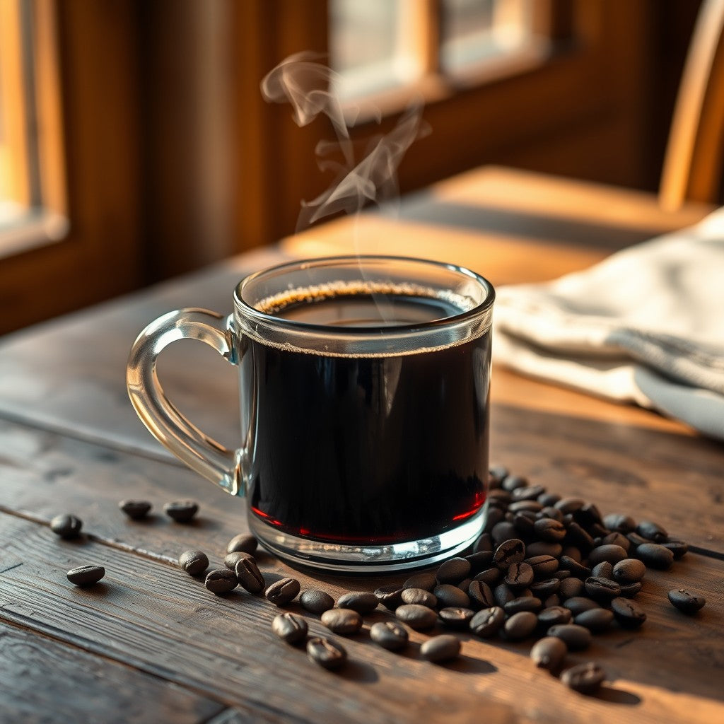 A steaming mug of Micro-Mush functional coffee on a wooden table