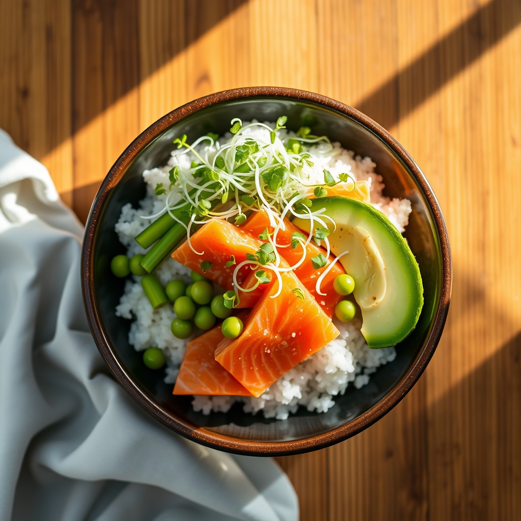 Daikon radish microgreens on a fresh poke bowl with salmon and avocado