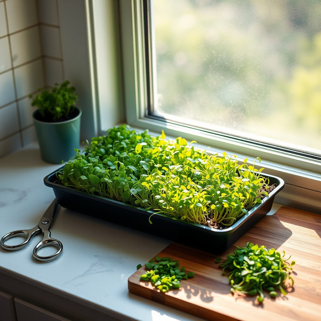 Fresh living tray of microgreens on a sunny kitchen windowsill, harvested at home