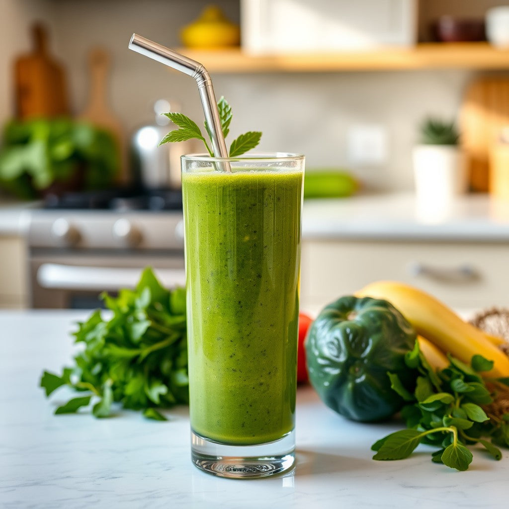 A vibrant green smoothie made with pea microgreen powder