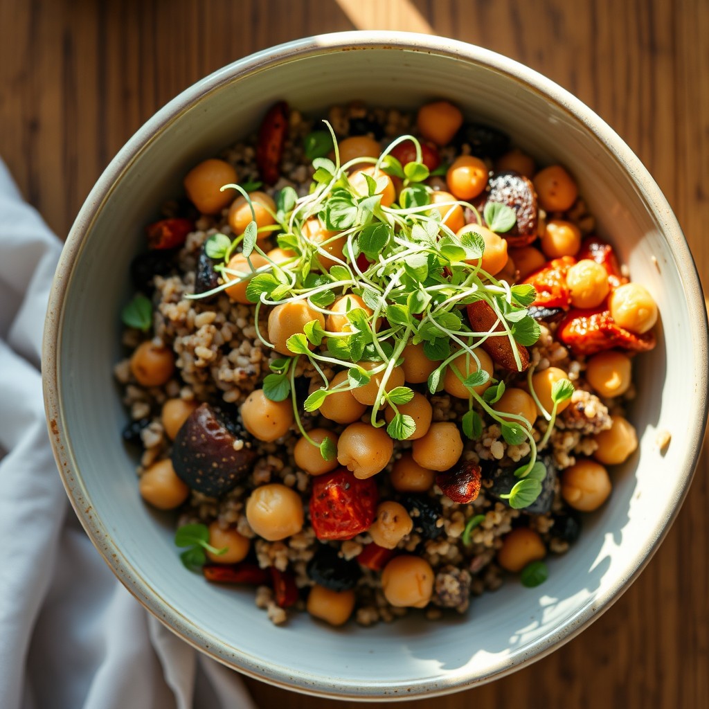 Pea shoot microgreens on a warm grain bowl with quinoa and roasted vegetables