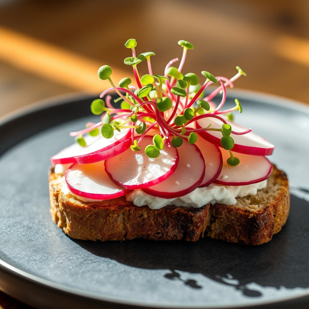 Red radish microgreens on an artisan open-faced sandwich