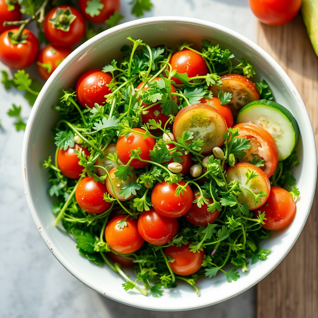 Microgreen salad blend in a fresh vibrant salad bowl with tomatoes