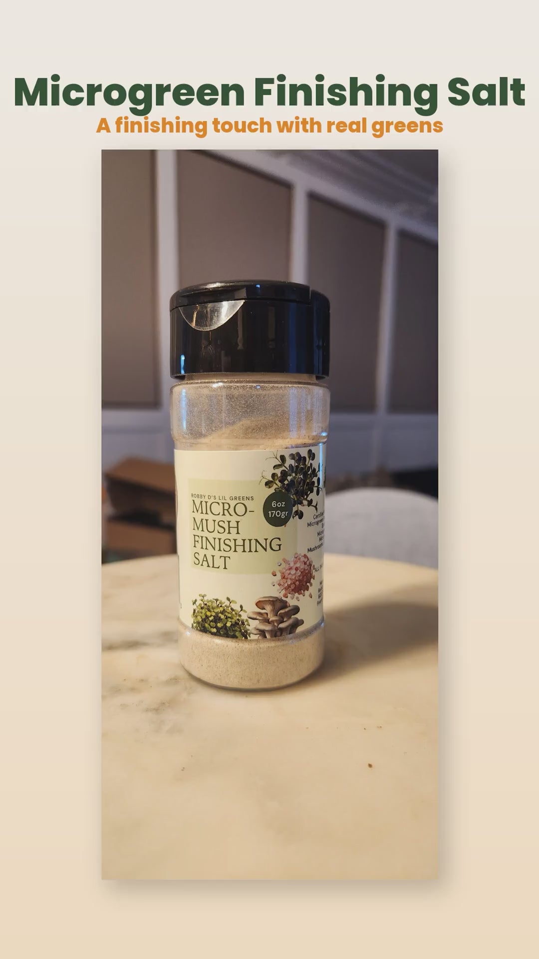 Organic microgreen mushroom finishing salt product reel
