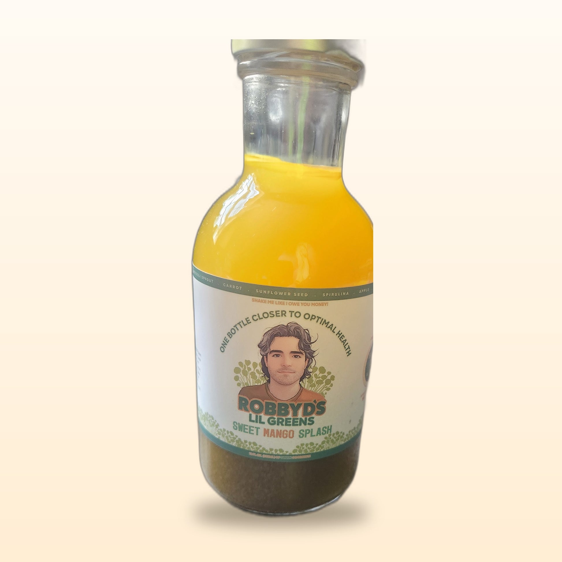 Sweet Mango Splash organic broccoli microgreen wellness drink bottle, mango flavor