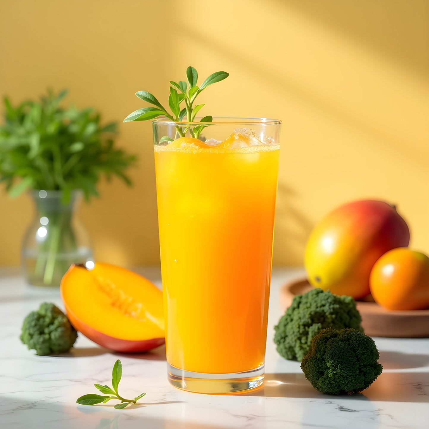 Glass of Sweet Mango Splash served with fresh mango, broccoli and microgreens